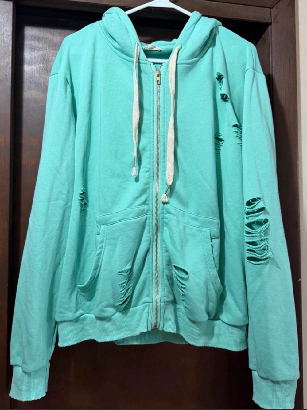 POL Turquoise Distressed Zip-Up Hoodie with Drawstrings